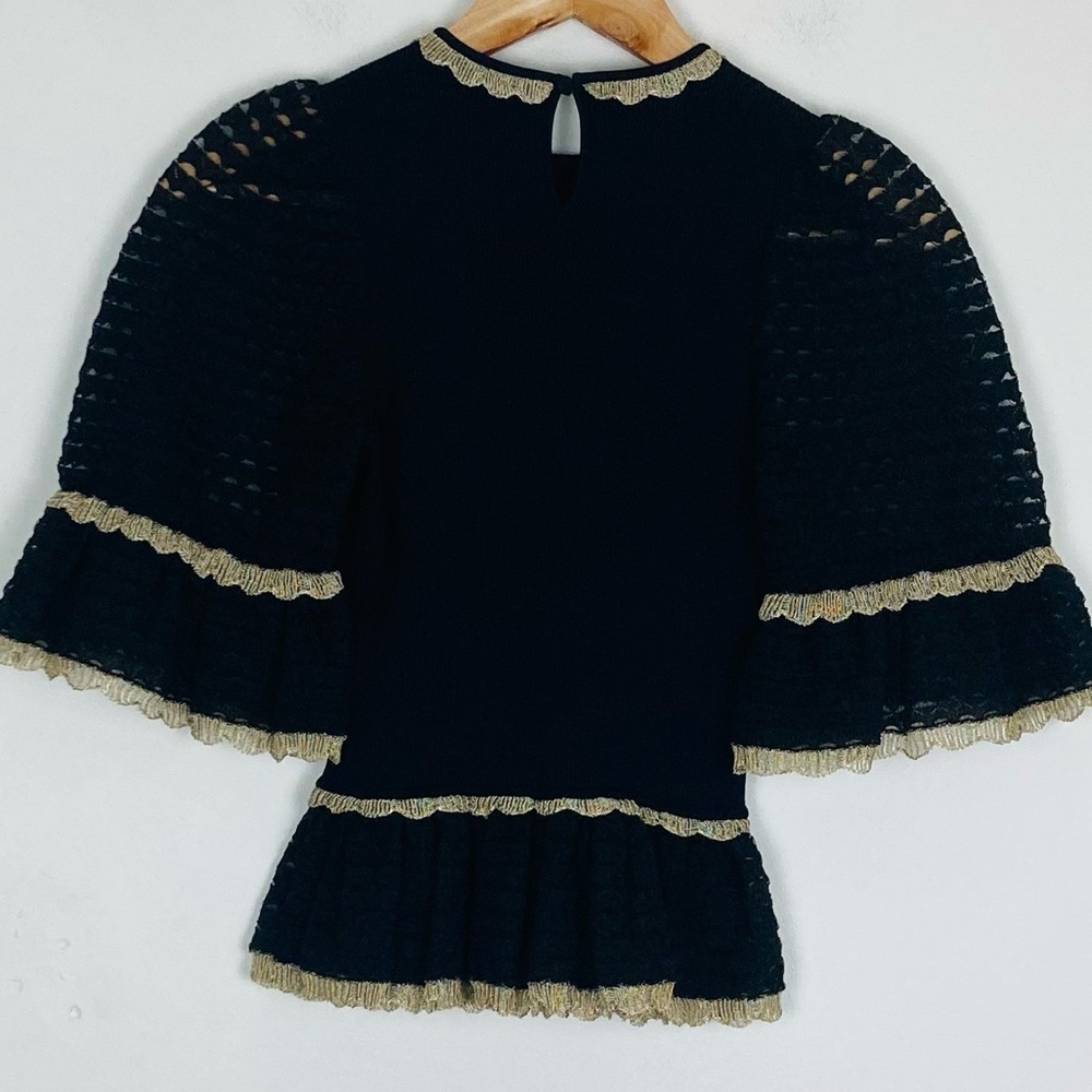 Alexander McQueen stretch black top w/open knit puff sleeves & gold lace trim. S - Picture 4 of 7